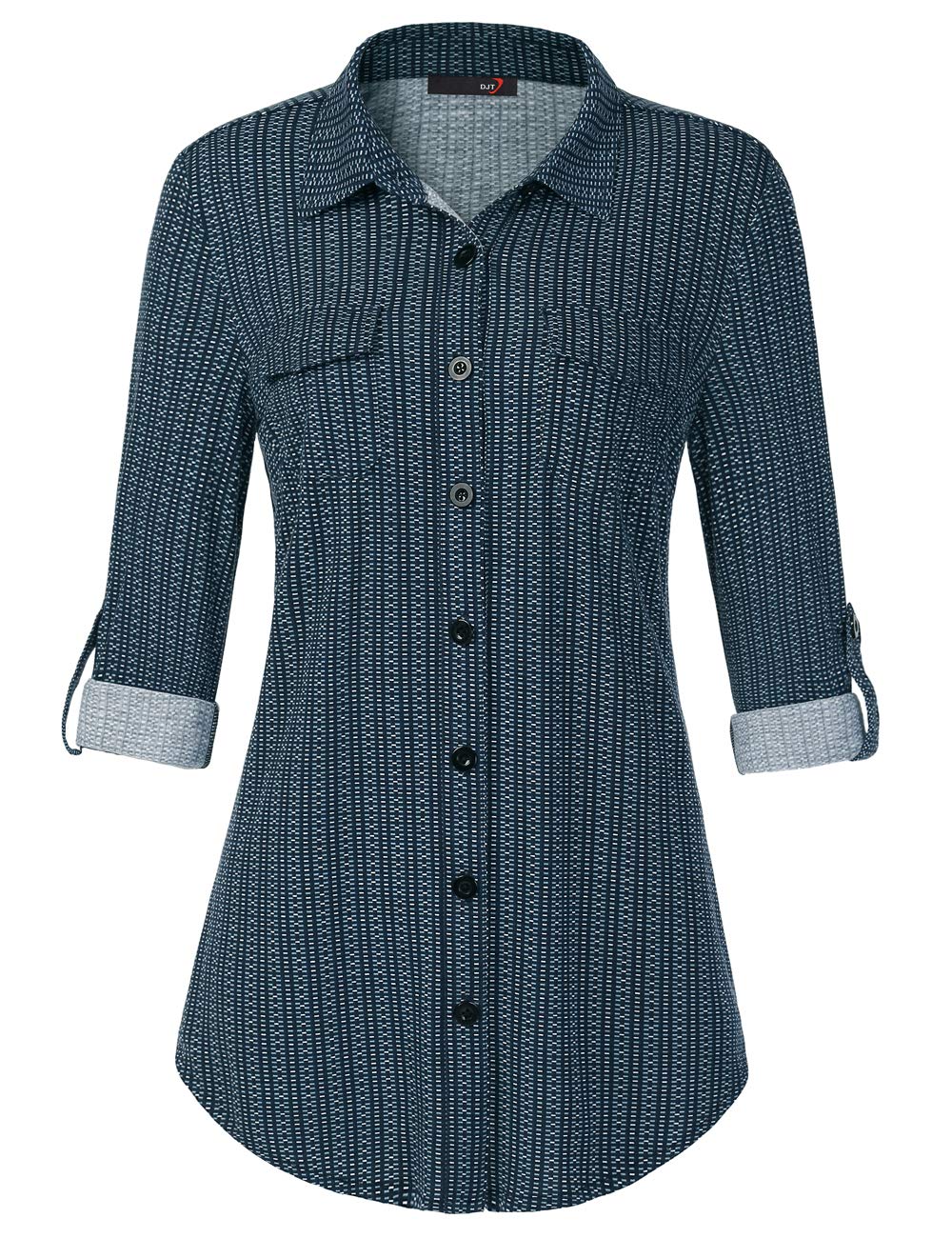 DJT Roll Up Long Sleeve Blue Striped Women’s Collared Button Down Plaid Shirt