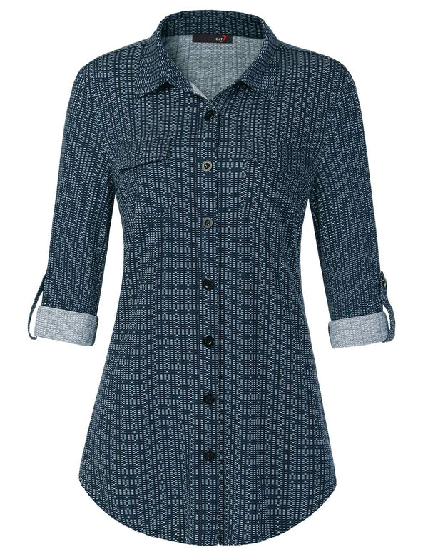 DJT Roll Up Long Sleeve Blue Striped Women’s Collared Button Down Plaid Shirt