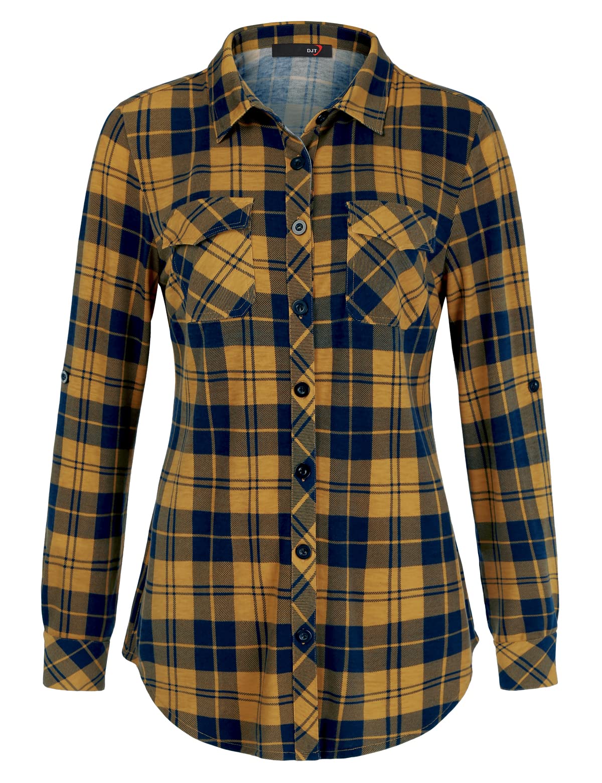 DJT Roll Up Long Sleeve Yellow Navy Plaid Women’s Collared Button Down Plaid Shirt