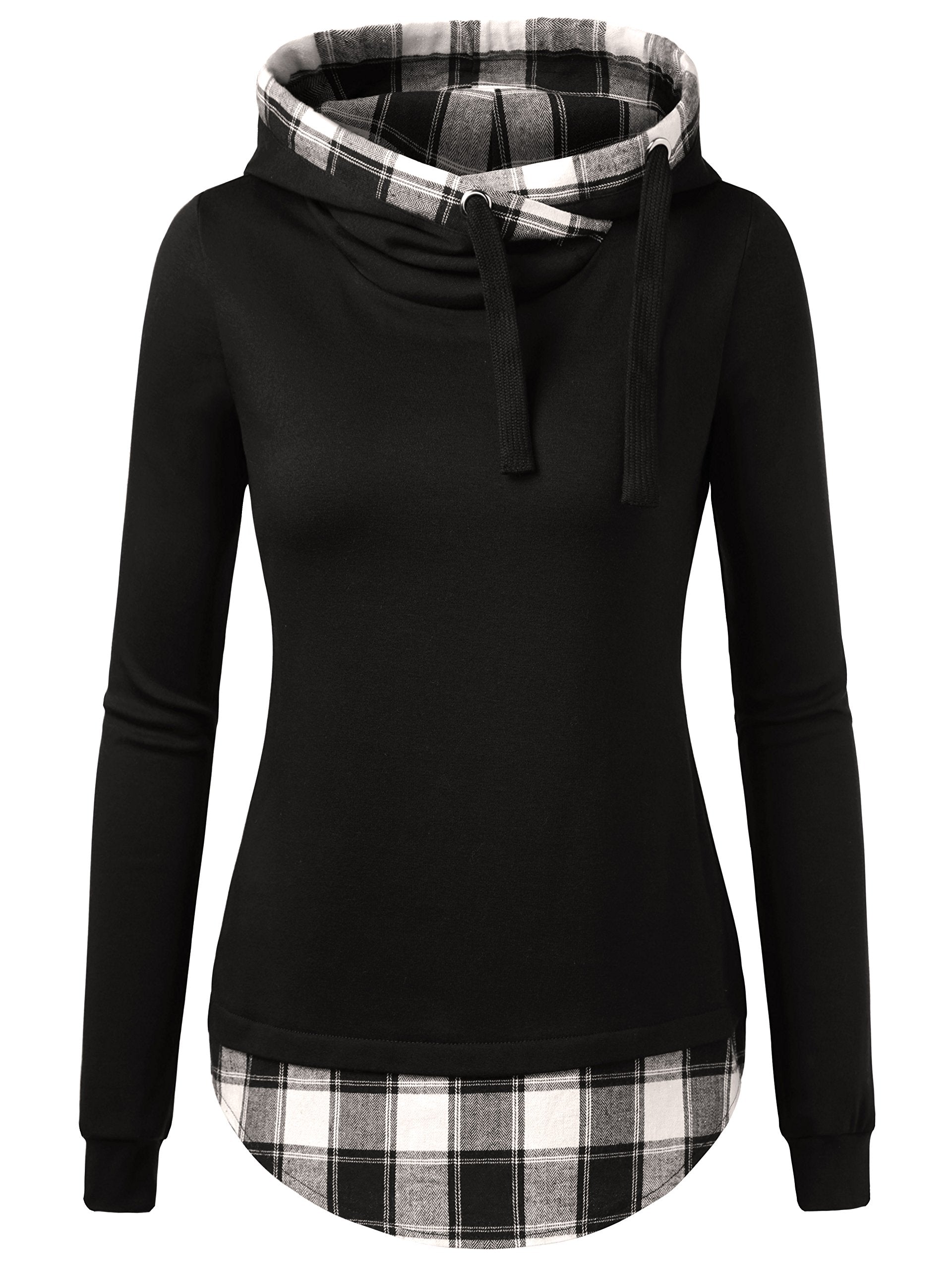 DJT Funnel Neck Black White Plaid Check Contrast Pullover Women's Hoodie Tops