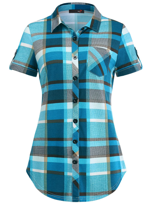 DJT Roll Up Long Sleeve Short Sleeve Turquoise Women’s Collared Button Down Plaid Shirt